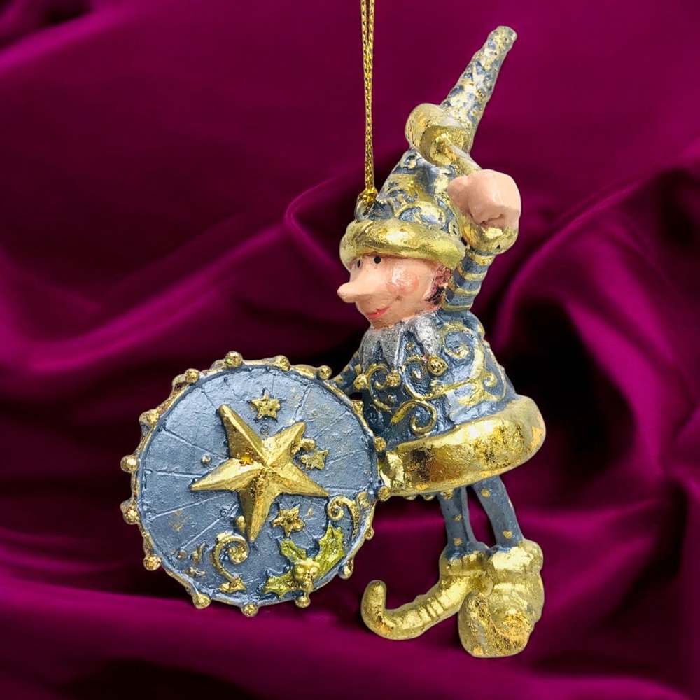 Elf Playing Drum Glittery Gold Christmas Ornament Hand paint Fantasy Luxury Gift